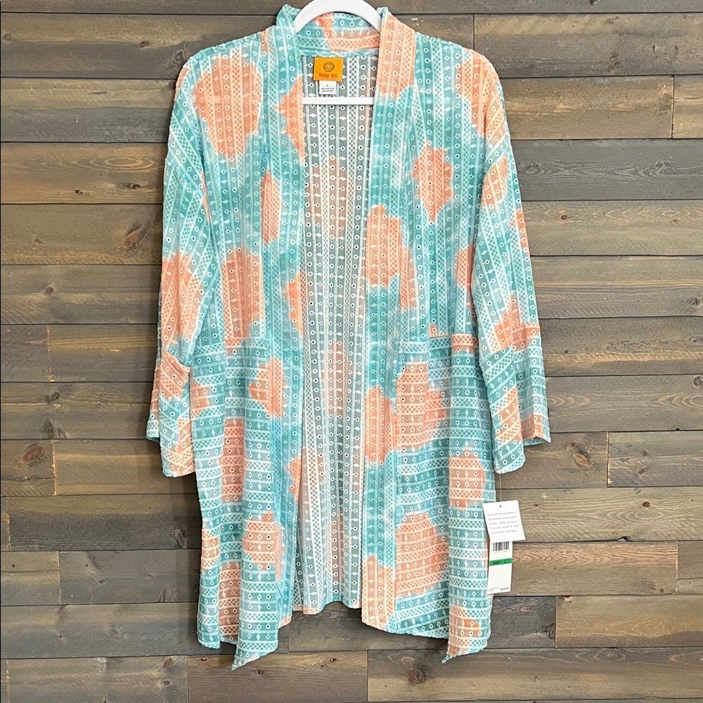 New Ruby Rd Sheer Knit Printed Patch Pocket Open-Front Cardigan Size Large